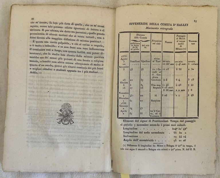DELLA IMMINENTE APPARIZIONE DELLA GRAN COMETA D'HALLEY LETTERA DI G. …