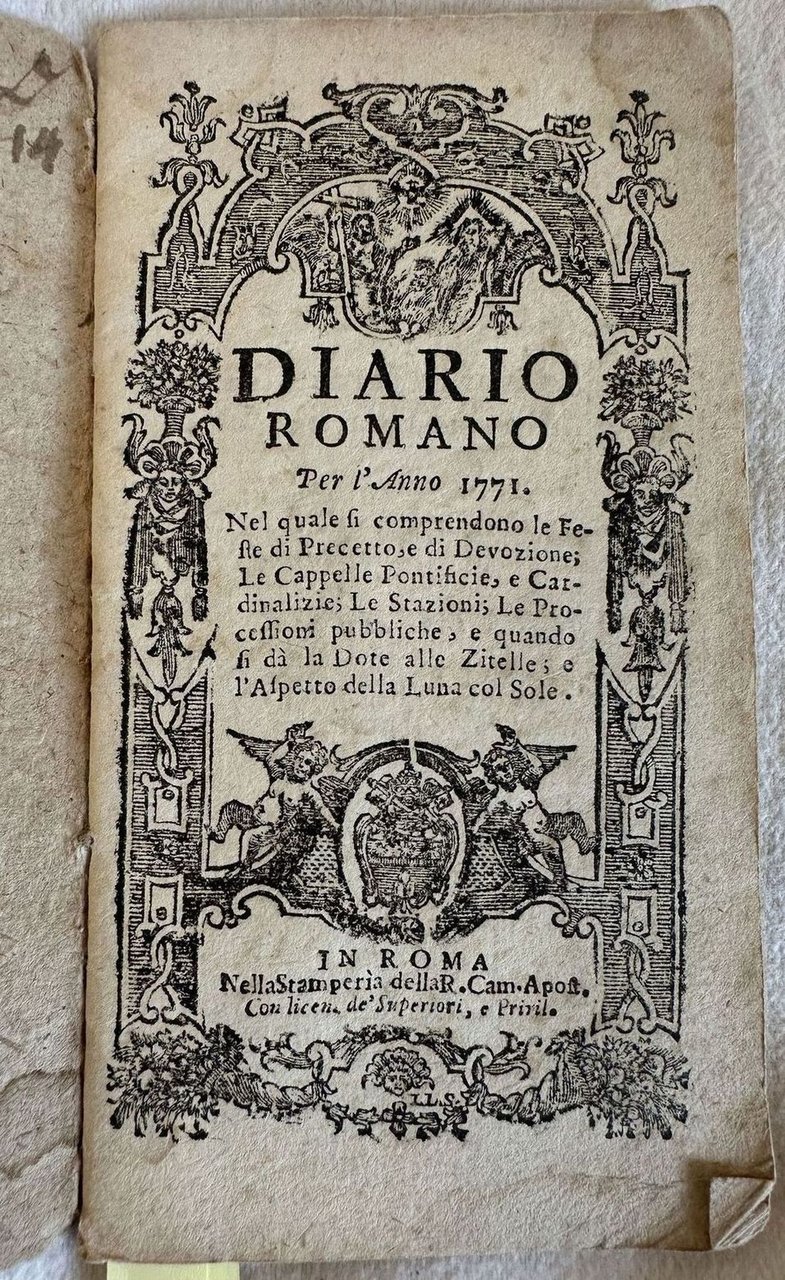 DIARIO ROMANO PER L'ANNO 1771 NEL QUALE SI COMPRENDONO LE …