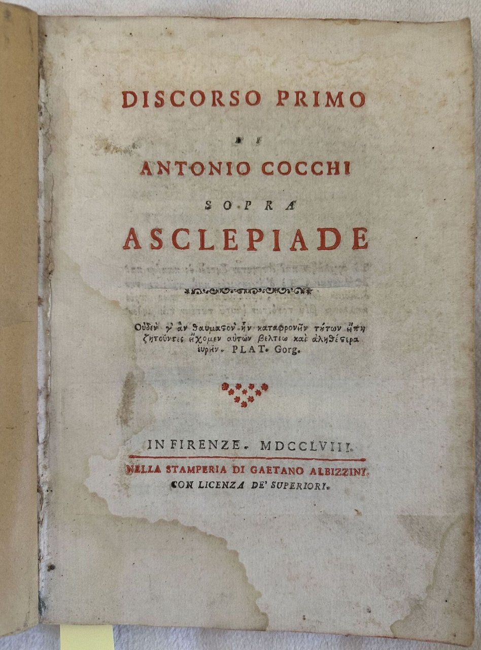 DISCORSO PRIMO DI ANTONIO COCCHI SOPRA ASCLEPIADE