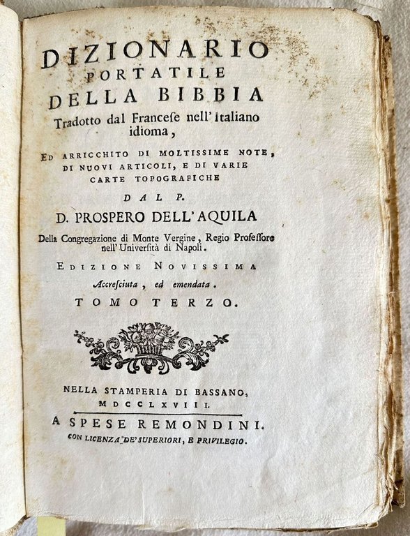 DIZIONARIO PORTATILE DELLA BIBBIA TRADOTTO DAL FRANCESE NELL'ITALIANO IDIOMA ED …