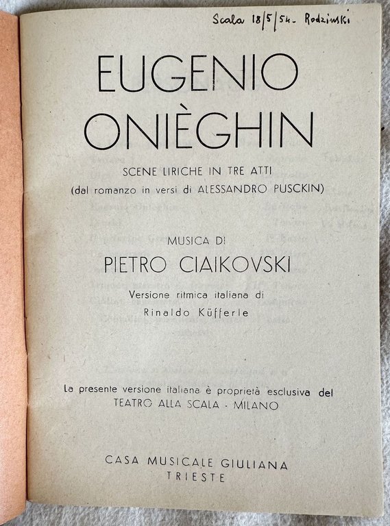 EUGENIO ONIEGHIN SCENE LIRICHE IN TRE ATTI (DAL ROMANZO IN …