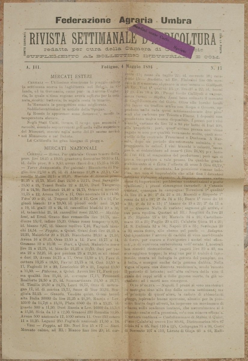 FEDERAZIONE AGRARIA UMBRA RIVISTA SETTIMANALE D'AGRICOLTURA REDATTA PR CURA DELLA …