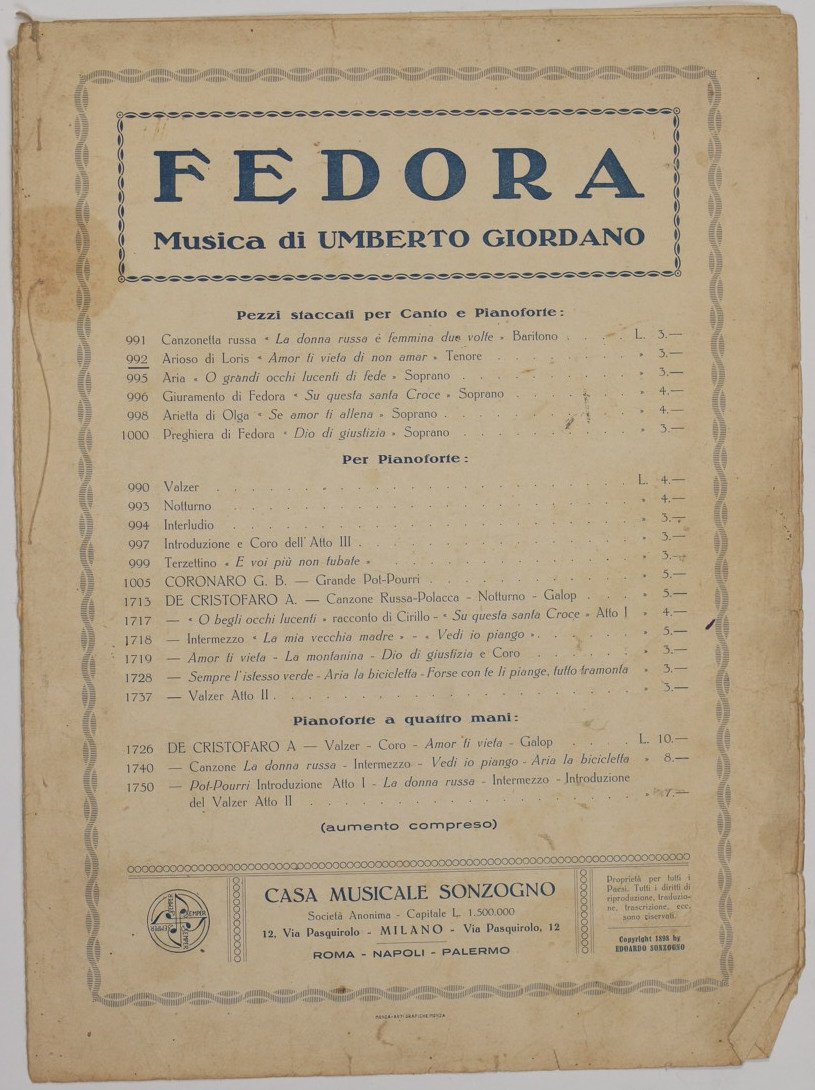 FEDORA MUSICA DI UMBERTO GIORDANO