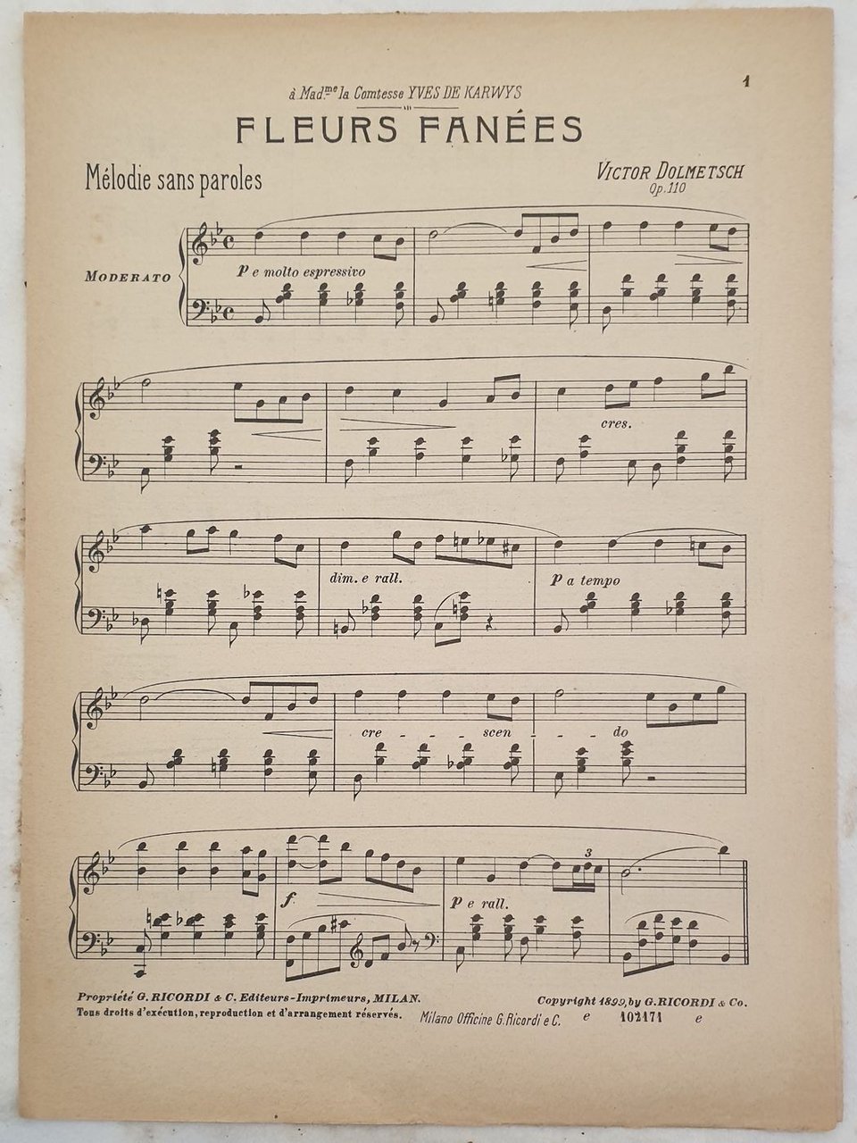 FLEURS FANEES MELODIE SANS PAROLES VICTOR DOLMETSCH OP. 110