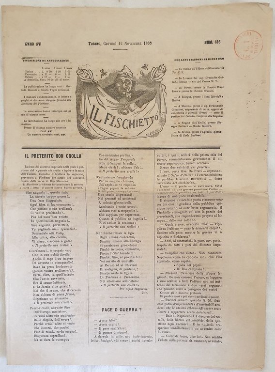IL FISCHIETTO TORINO GIOVEDI 12 NOVEMBRE 1863 TIP. LETTERARIA