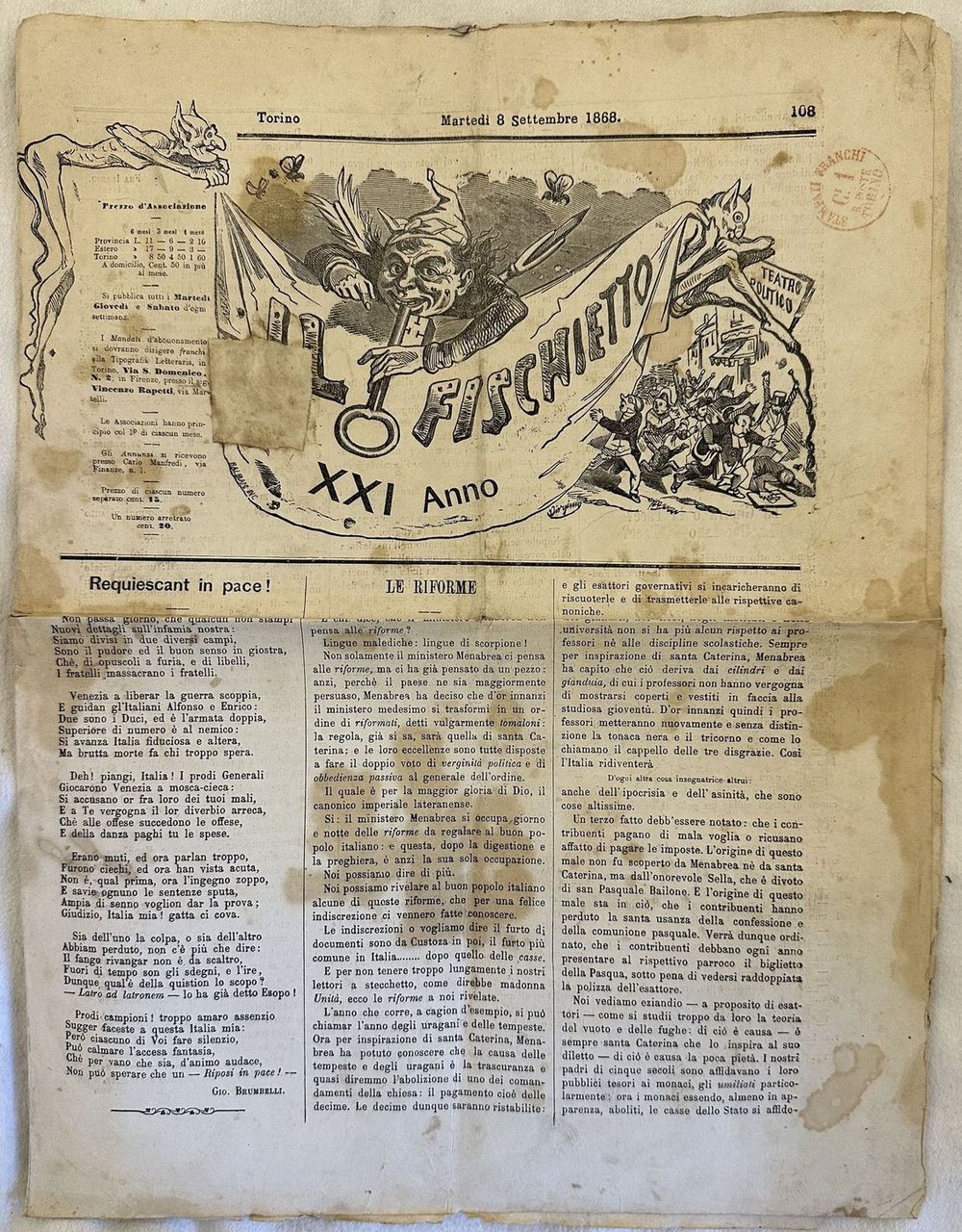 IL FISCHIETTO TORINO MARTEDI 8 SETTEMBRE 1868 | Immagine principale