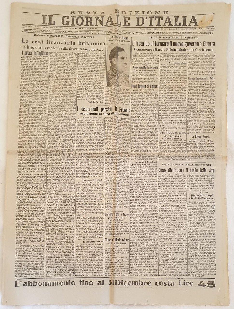 IL GIORNALE D'ITALIA ROMA MARTEDI 17 FEBBRAIO 1931