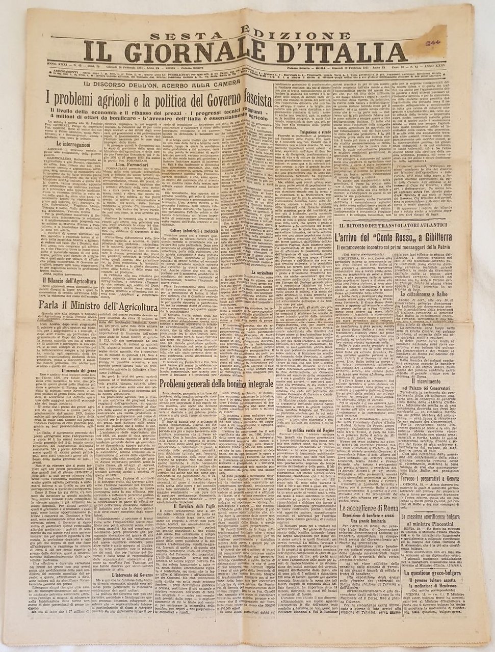 IL GIORNALE D'ITALIA ROMA MERCOLEDI 19 FEBBRAIO 1931