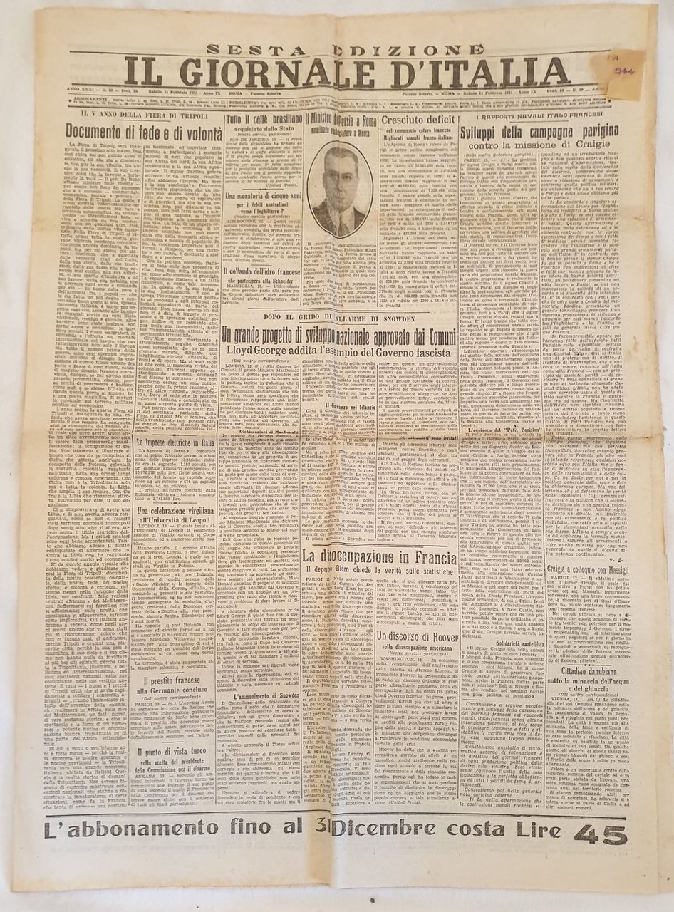 IL GIORNALE D'ITALIA ROMA SABATO 14 FEBBRAIO 1931