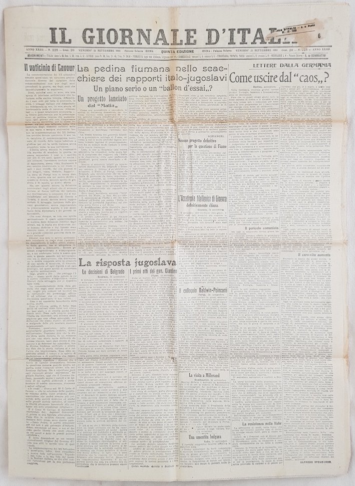 IL GIORNALE D'ITALIA VENERDI 21 SETTEMBRE 1923 | Immagine principale