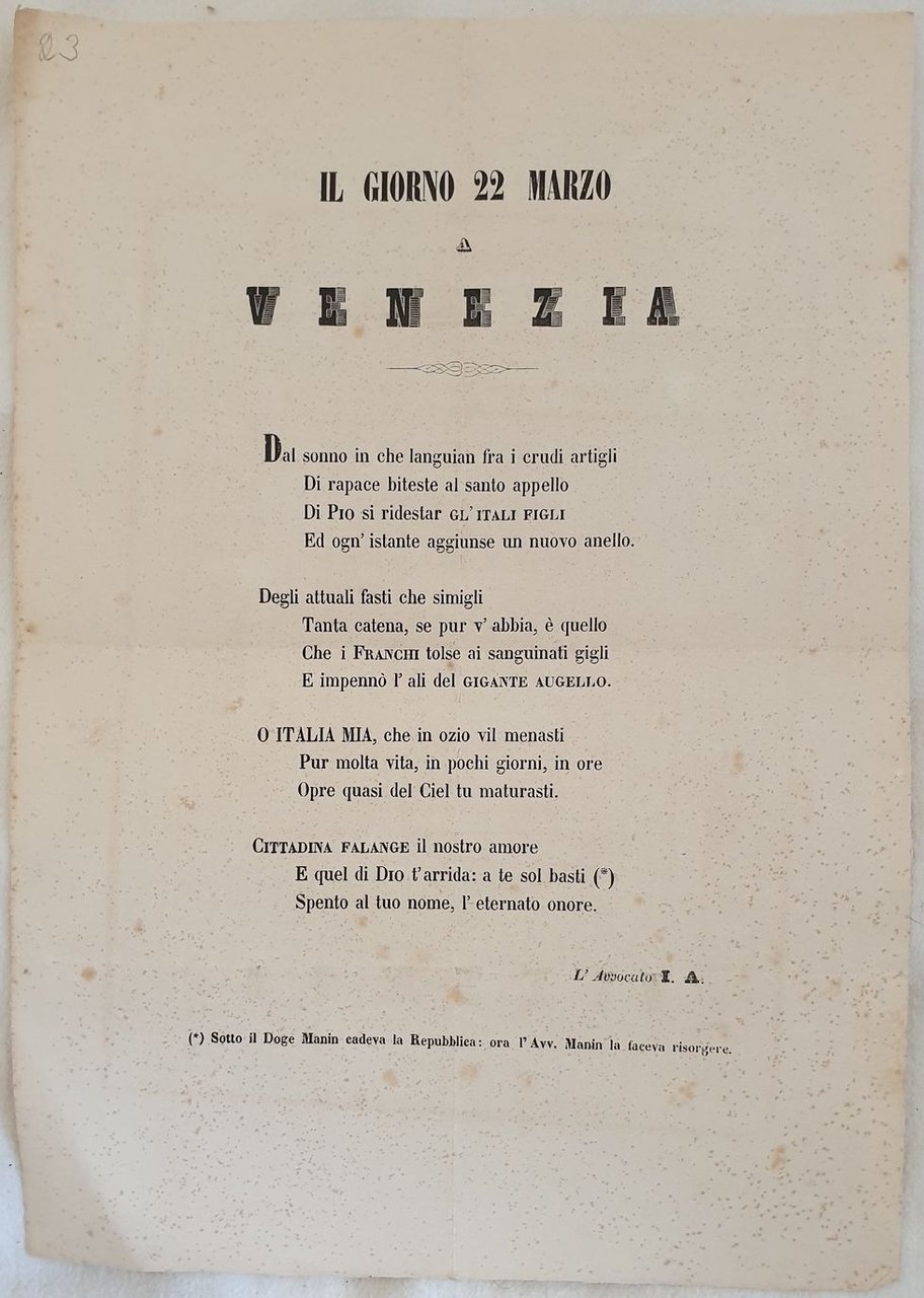 IL GIORNO 22 MARZO A VENEZIA L'AVVOCATO I. A.