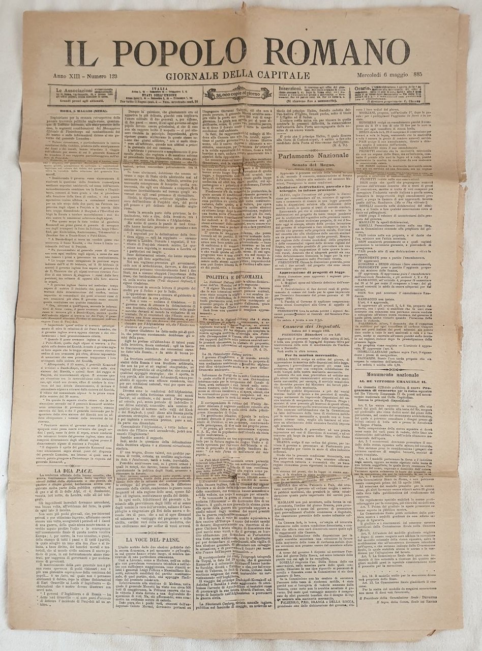 IL POPOLO ROMANO GIORNALE DELLA CAPITALE ROMA, 6 MAGGIO 1885