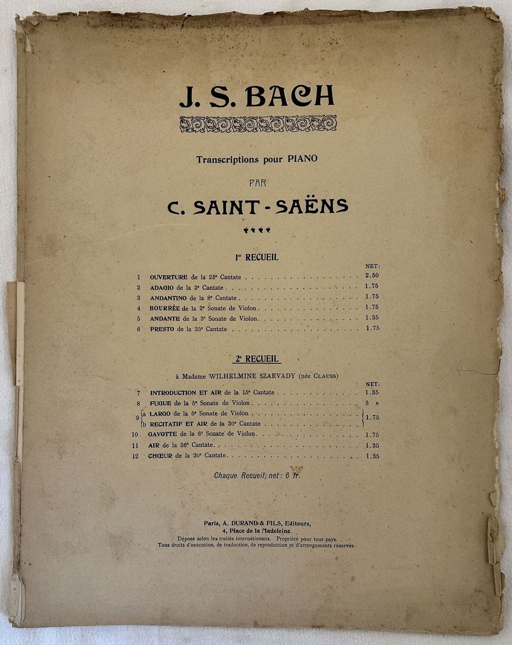 J. S. BACH TRANSCRIPTIONS POUR PIANO PAR C. SAINT-SAENS
