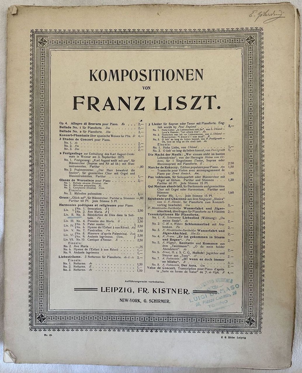 KOMPOSITIONEN VON FRANZ LISZT GLANES DE WORONINCE POUR PIANO