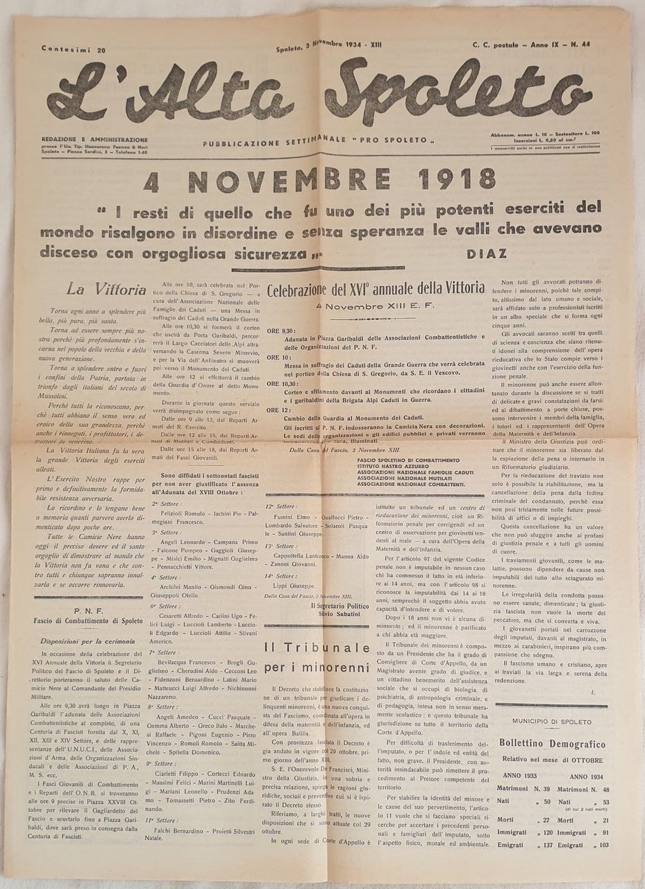 L'ALTA SPOLETO SPOLETO 3 NOVEMBRE 1934 PUBBLICAZIONE SETTIMANALE PRO SPOLETO
