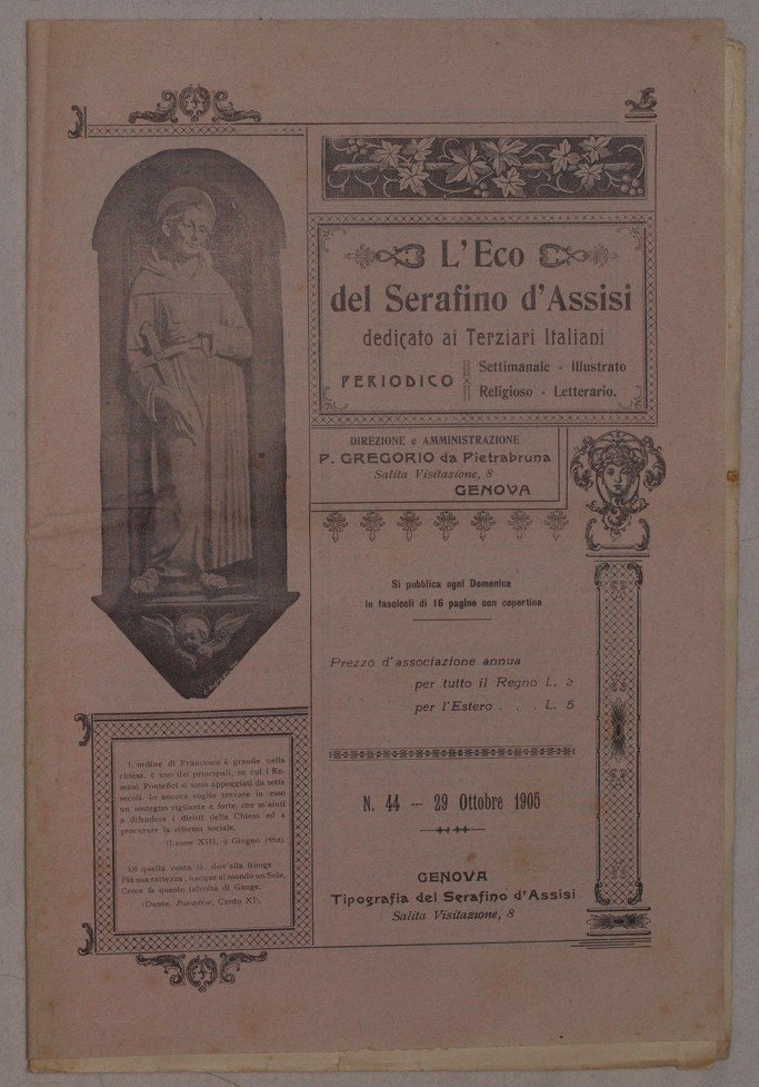 L'ECO DEL SERAFINO D'ASSISI ANNO 8 GENOVA 29 OTTOBRE 1905 …