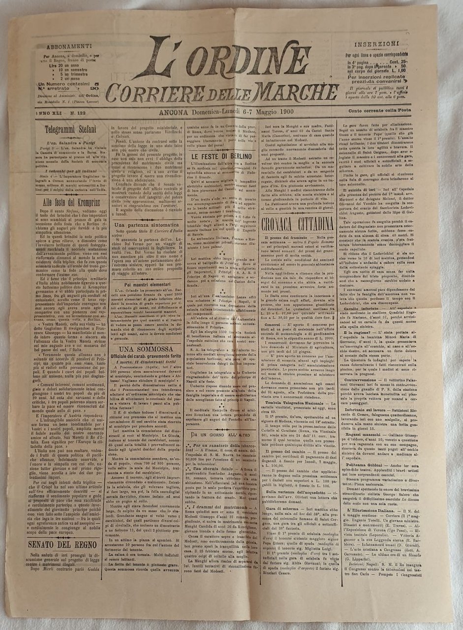 L'ORDINE CORRIERE DELLE MARCHE ANNO XLI N. 122 ANCONA DOMENICA …
