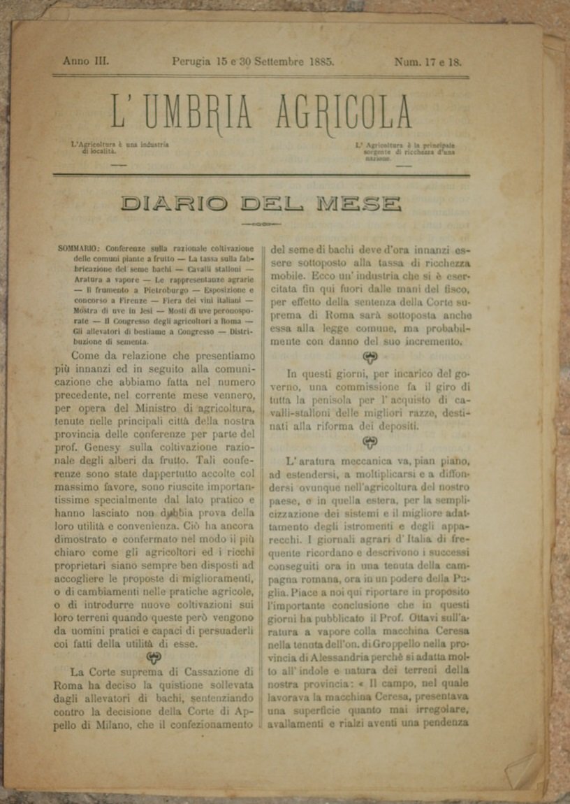 L'UMBRIA AGRICOLA GIORNALE DI ECONOMIA RURALE E DELLE INDUSTRIE CAMPESTRI …