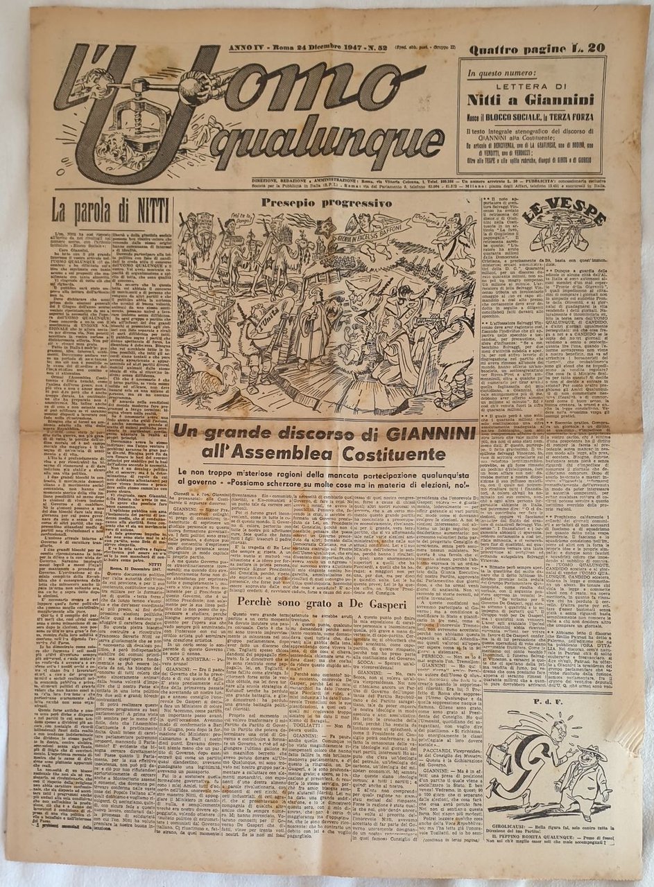 L'UOMO QUALUNQUE ANNO IV ROMA 24 DICEMBRE 1947 - N. …
