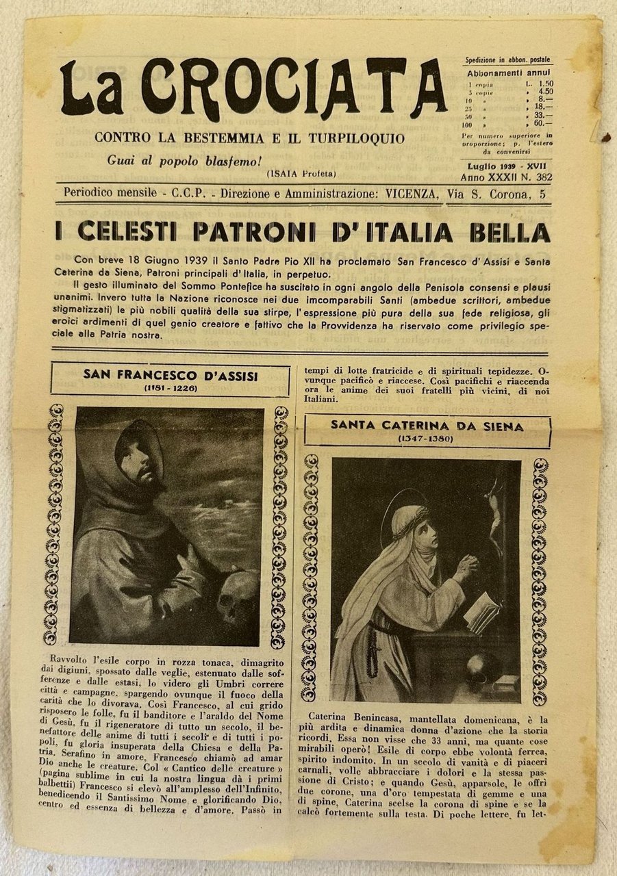 LA CROCIATA CONTRO LA BESTEMMIA E IL TURPILOQUIO LUGLIO 1939