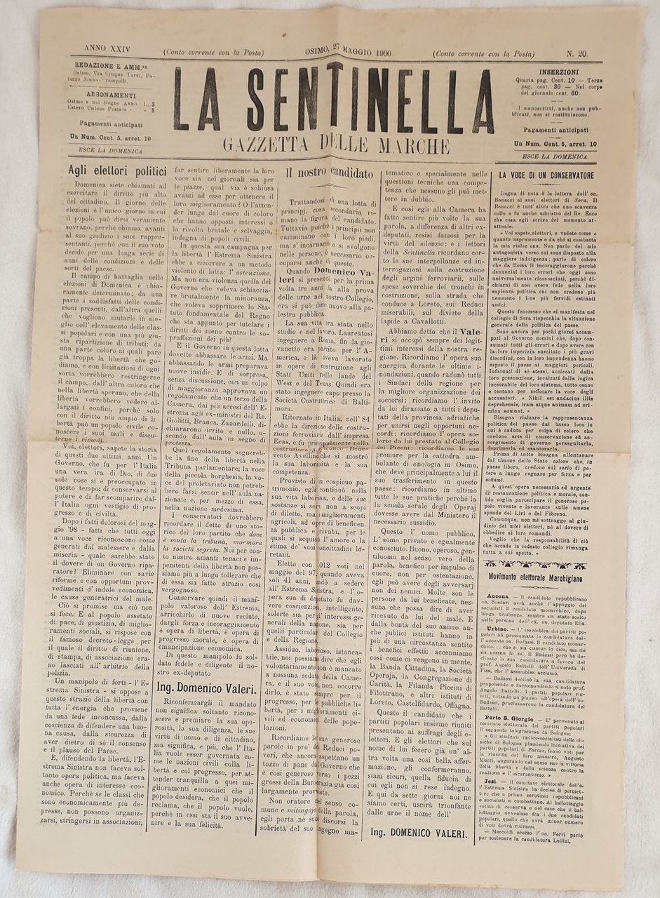 LA SENTINELLA GAZZETTA DELLE MARCHE ANNO XXIV OSIMO 27 MAGGIO … | Immagine principale