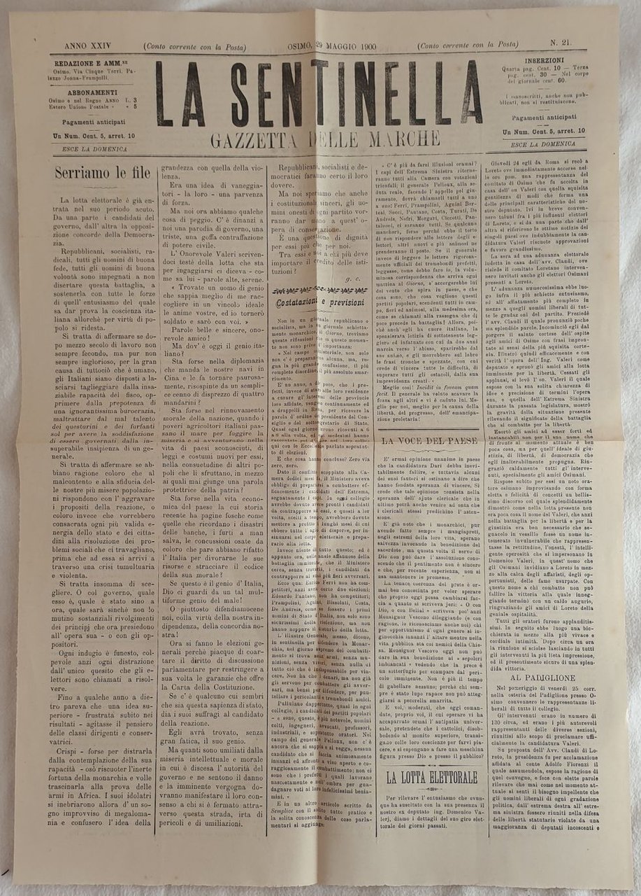 LA SENTINELLA GAZZETTA DELLE MARCHE ANNO XXIV OSIMO 29 MAGGIO …