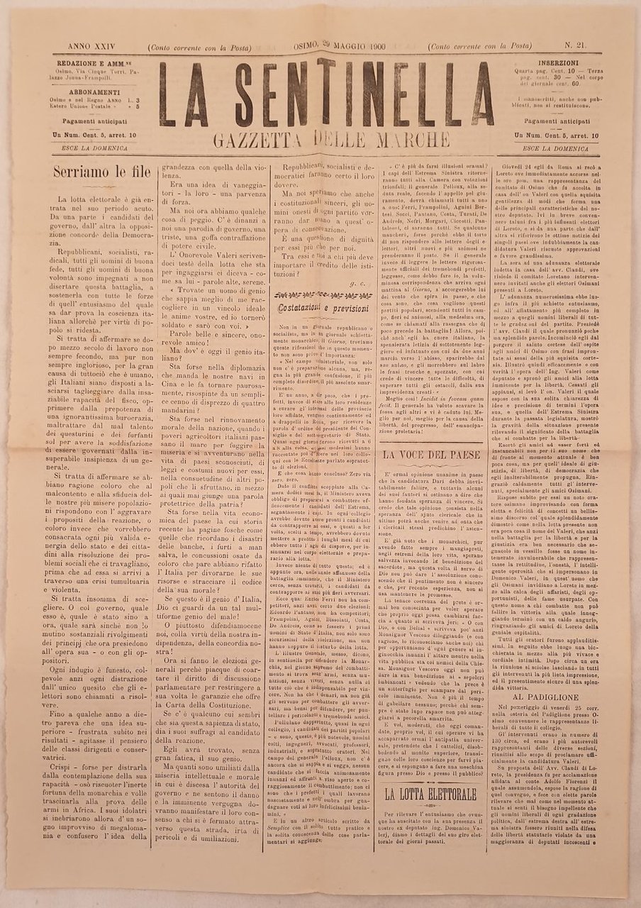 LA SENTINELLA GAZZETTA DELLE MARCHE ANNO XXIV OSIMO 29 MAGGIO …
