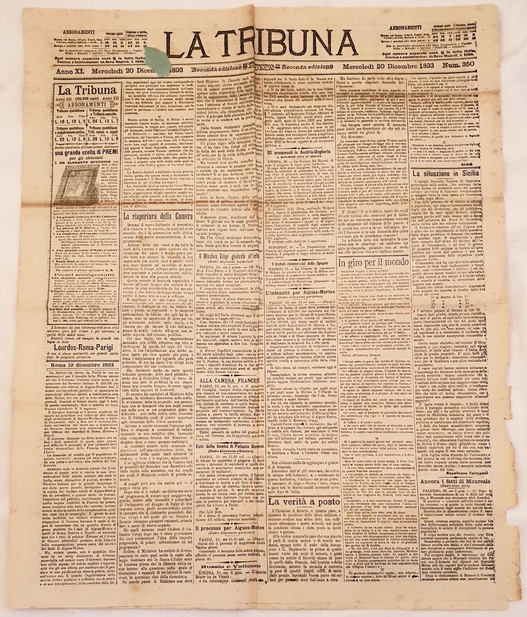 LA TRIBUNA ROMA, MERCOLEDI 20 DICEMBRE 1893 NUM. 353 SECONDA …