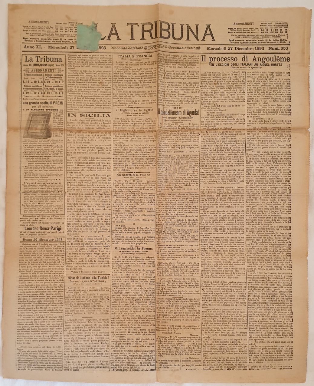 LA TRIBUNA ROMA, MERCOLEDI 27 DICEMBRE 1893 NUM. 356 SECONDA …