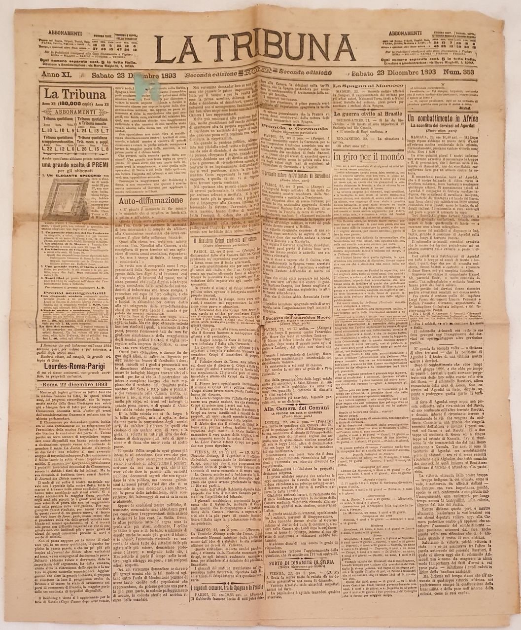 LA TRIBUNA ROMA, SABATO 23 DICEMBRE 1893 NUM. 353 SECONDA …