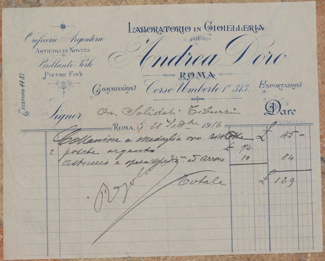 LABORATORIO IN GIOIELLERIA ANDREA DORO ROMA LI 28 SETTEMBRE 1916