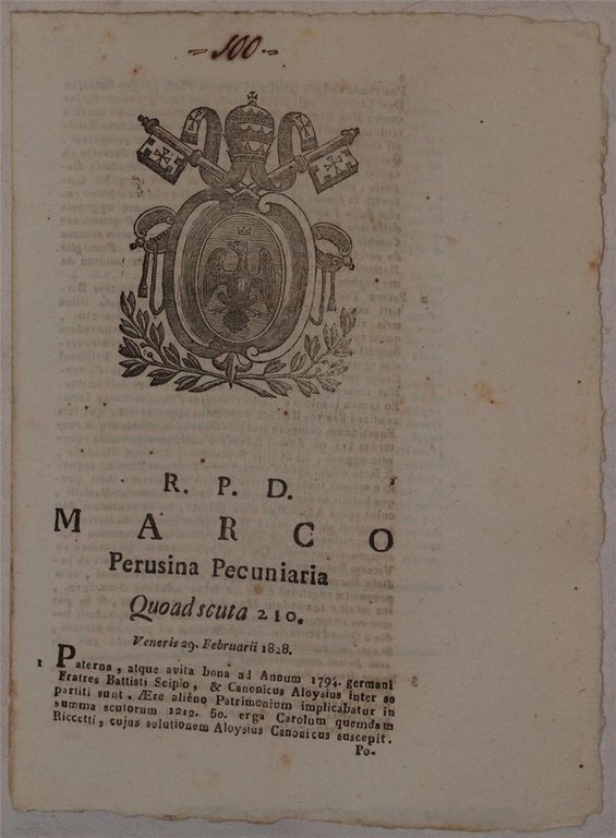 MARCO PERUSINA PECUNIARIA QUOAT SCUTA 21O VENERIS 29 FEBRUARII 1828