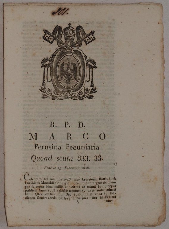 MARCO PERUSINA PECUNIARIA QUOAT SCUTA 833. 33. VENERIS 29 FEBRUARII …