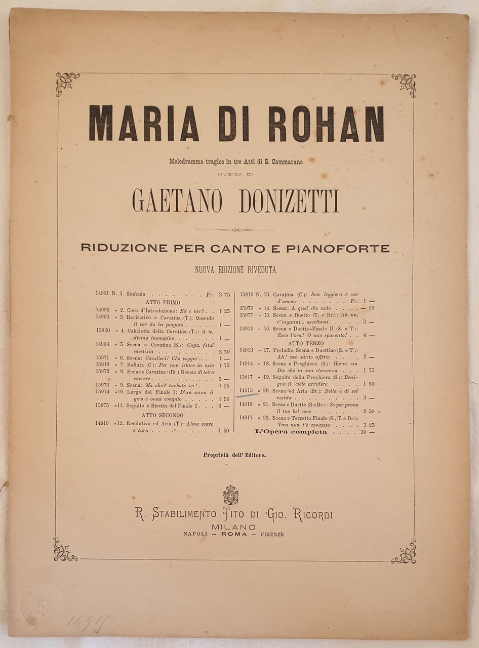 MARIA DI ROHAN MELODRAMMA TRAGICO IN TRE ATTI DI S. …