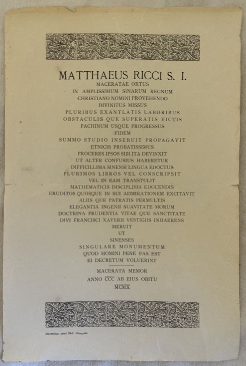 MATTHAEUS RICCI S. I. MACERATA MEMOR ANNO CCC AB EIUS …