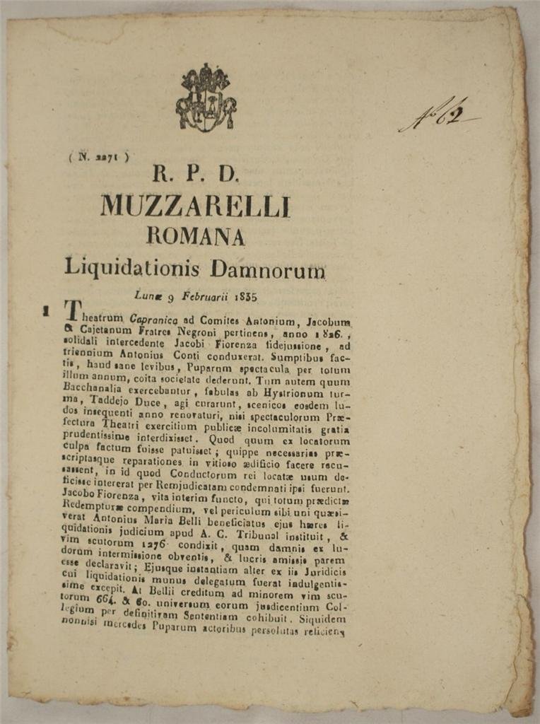 MUZZARELLI ROMANA LIQUIDATIONIS DAMNORUM LUNOE 9 FEBRUARII 1835