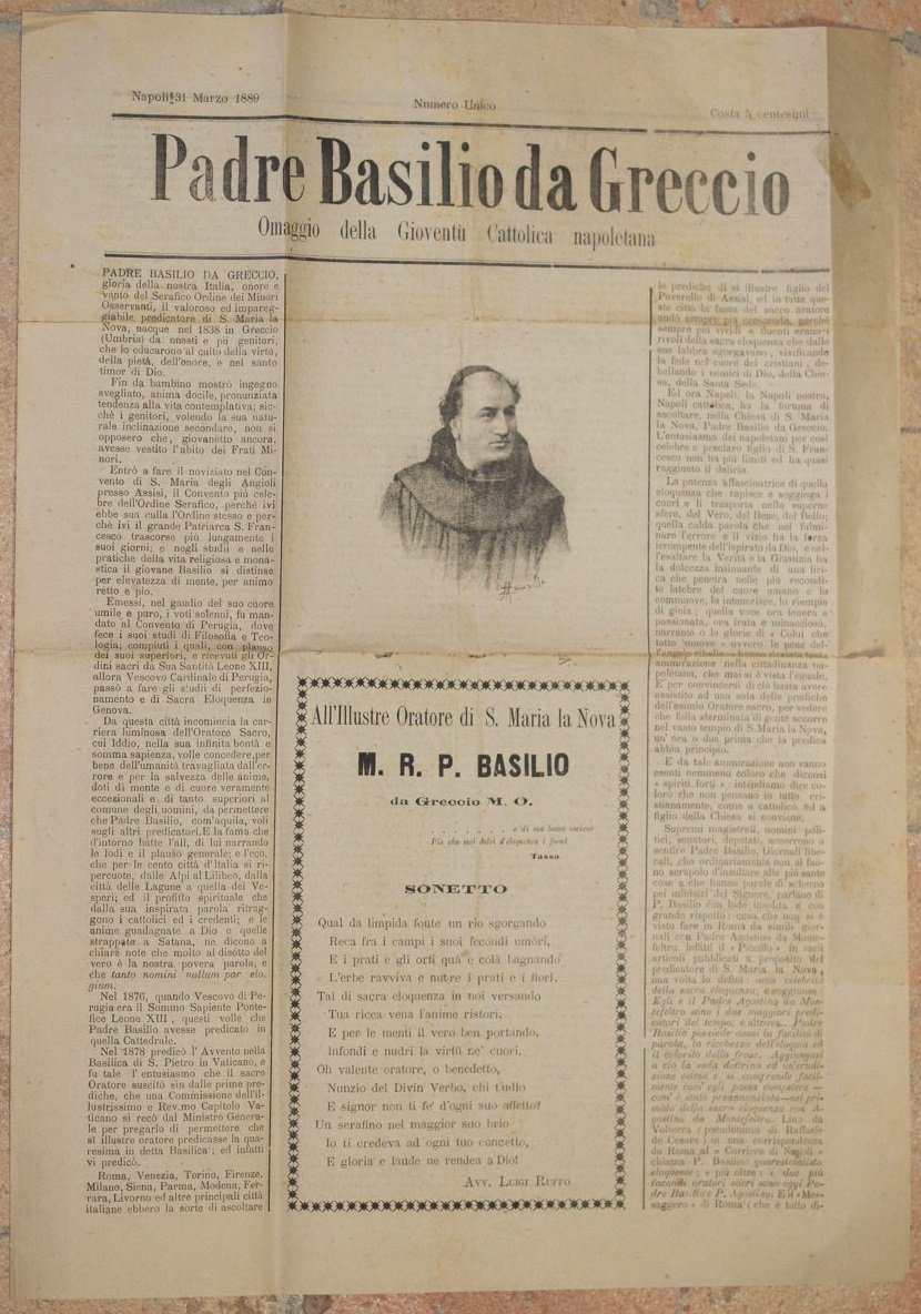 NAPOLI 31 MARZO 1889 PADRE BASILIO DA GRECCIO OMAGGIO DELLA …