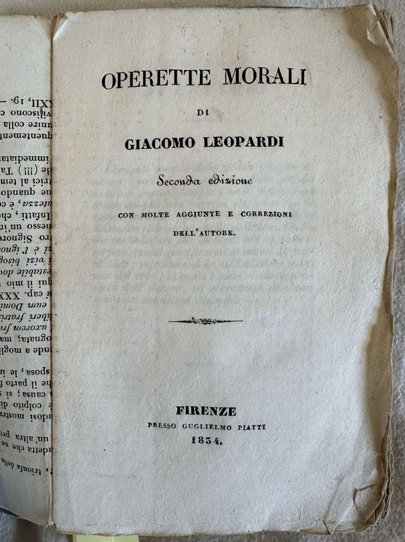 OPERETTE MORALI DI GIACOMO LEOPARDI SECONDA EDIZIONE CON MOLTE AGGIUNTE …