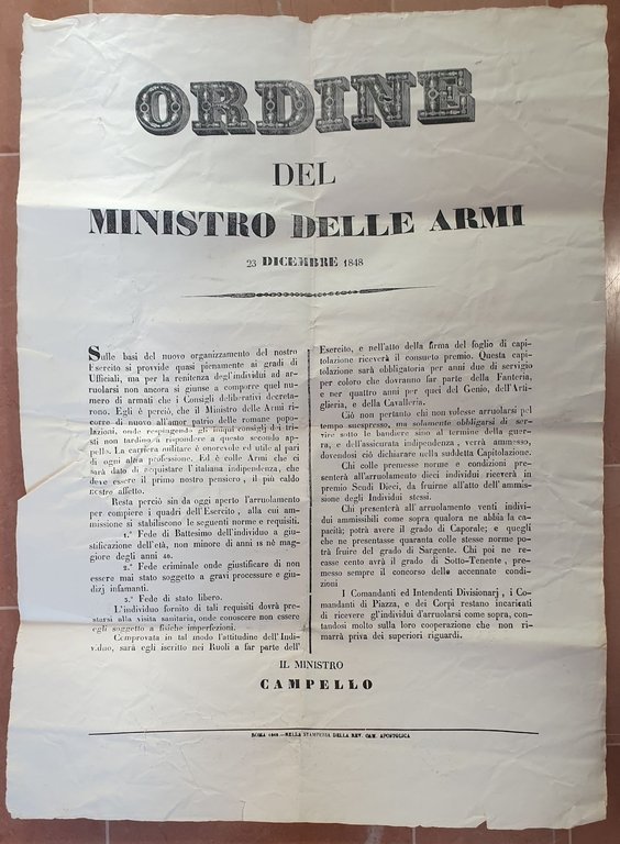 ORDINE DEL MINISTRO DELLE ARMI 23 DICEMBRE 1848