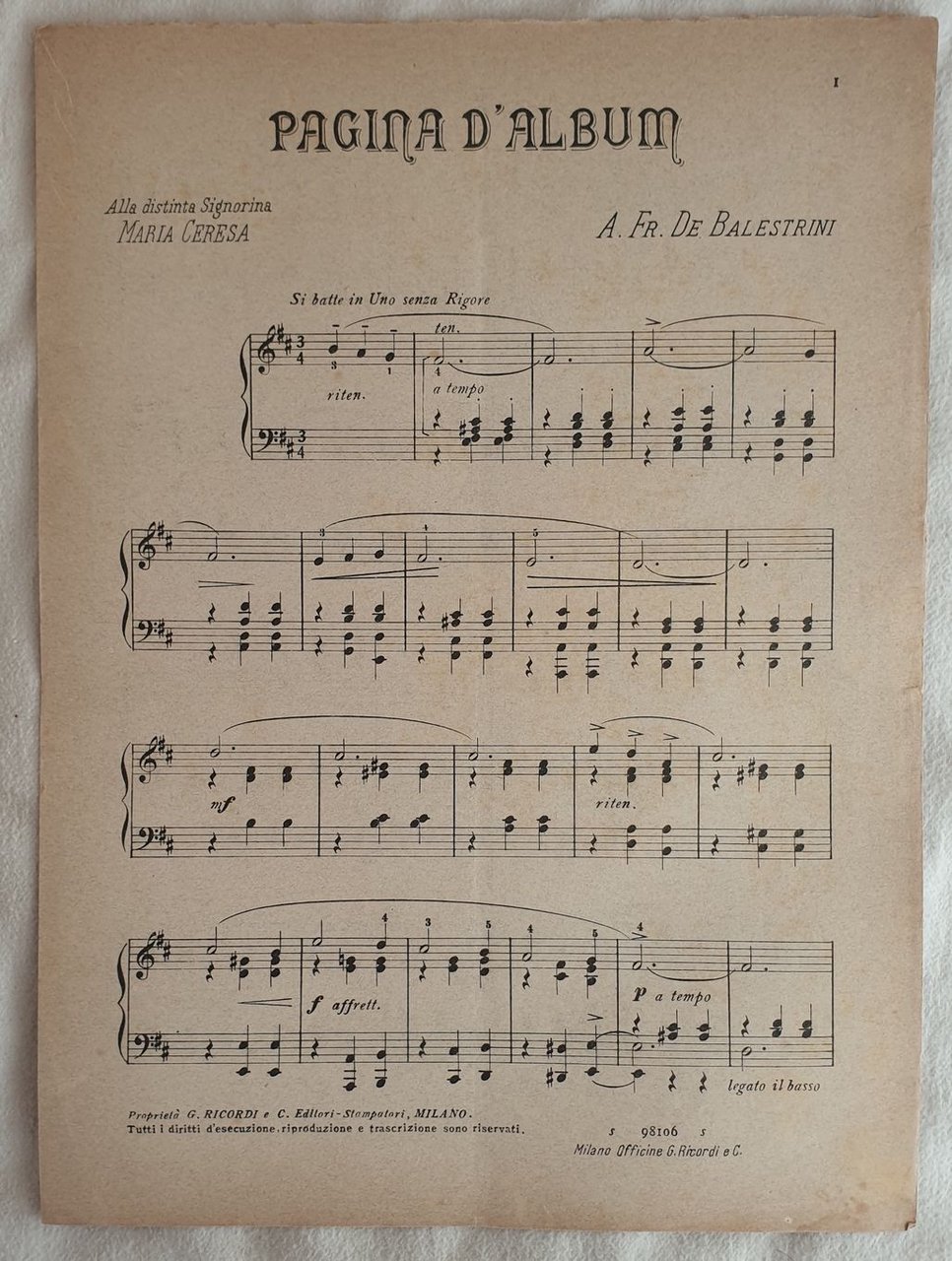PAGINA D'ALBUM ALLA DISTINTA SIGNORINA MARIA CERESA