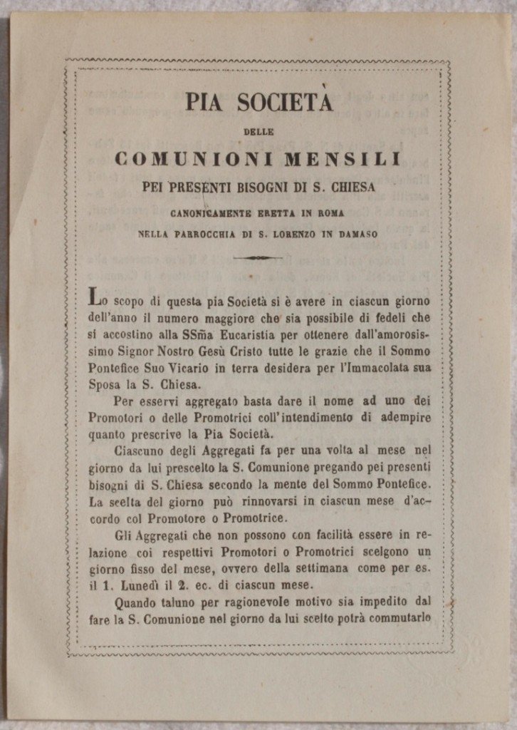 PIA SOCIETA DELLE COMUNIONI MENSILI 1 DICEMBRE 1863