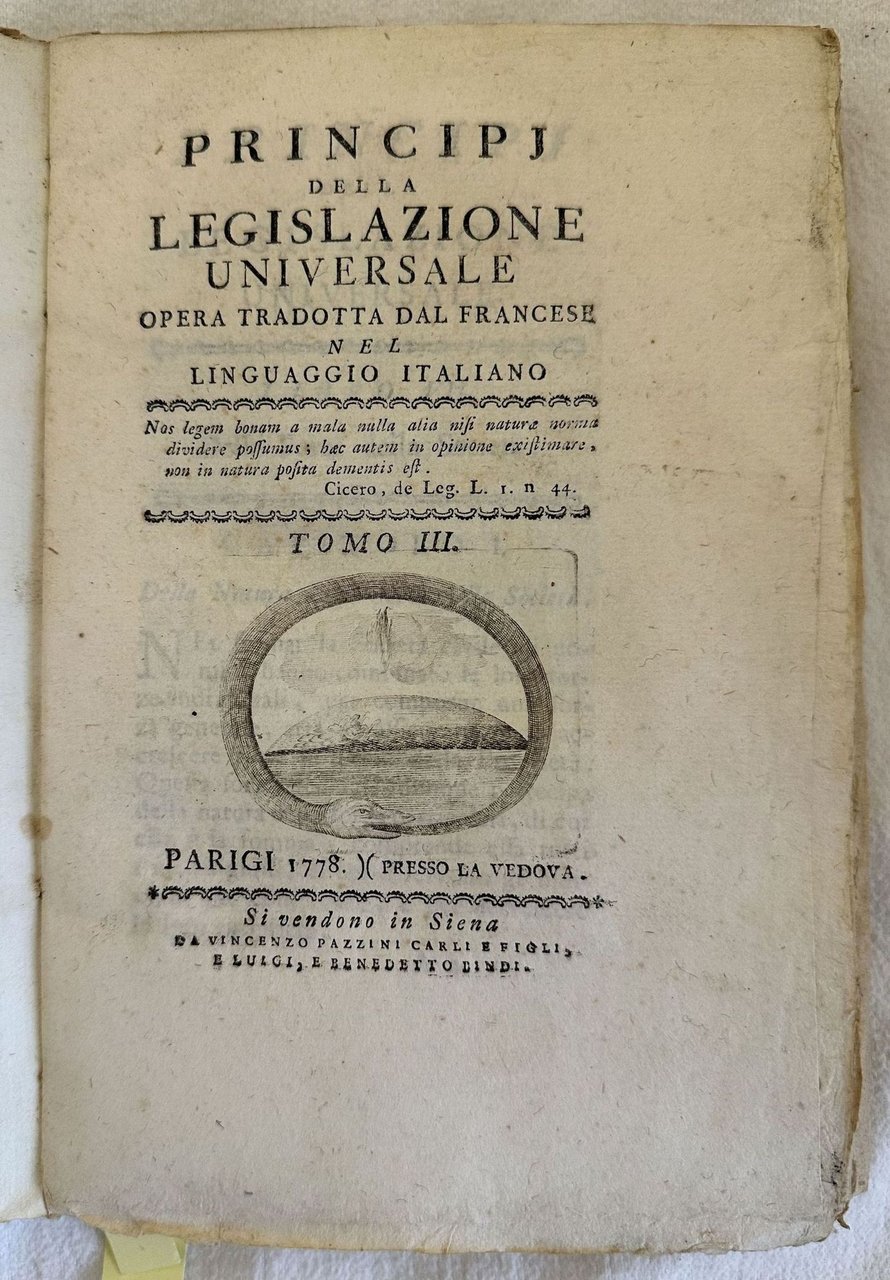 PRINCIPI DELLA LEGISLAZIONE UNIVERSALE OPERA TRADOTTA DAL FRANCESE NEL LINGUAGGIO …