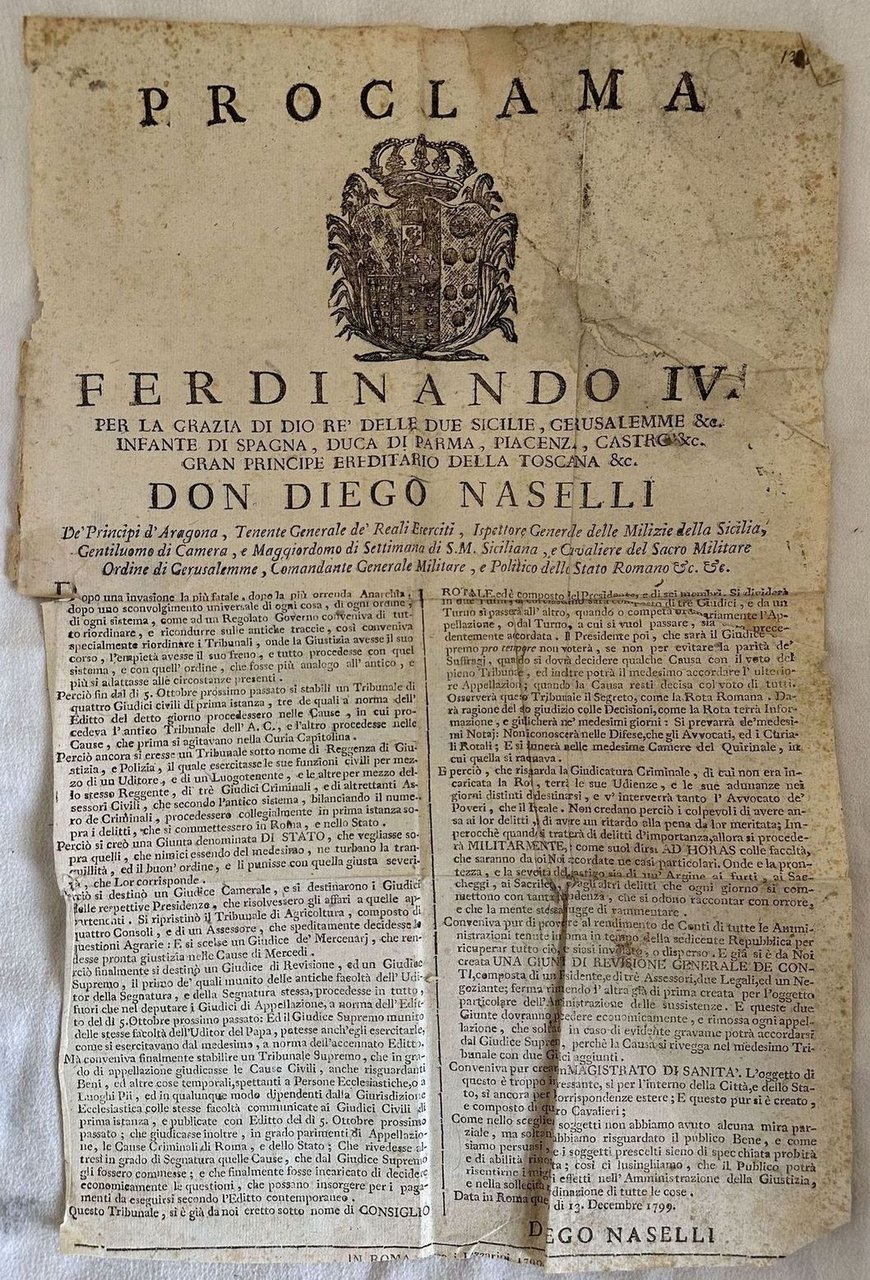 PROCLAMA FERDINANDO IV PER LA GRAZIA DI DIO RE DELLE …