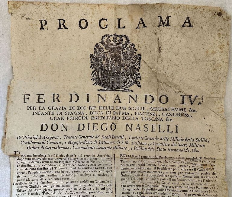 PROCLAMA FERDINANDO IV PER LA GRAZIA DI DIO RE DELLE …