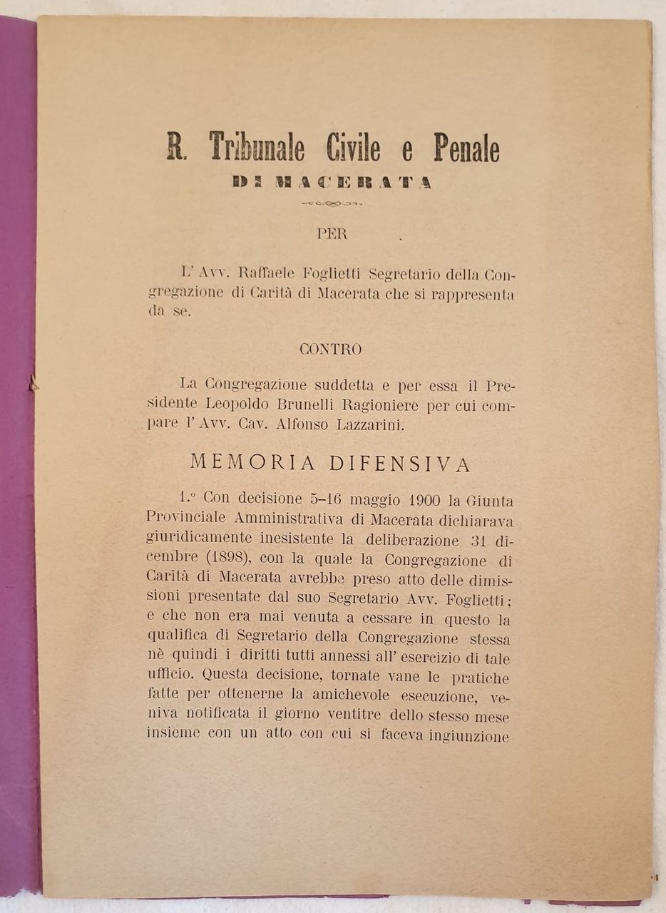 R. TRIBUNALE CIVILE E PENALE DI MACERATA PER L'AVV. RAFFAELE …