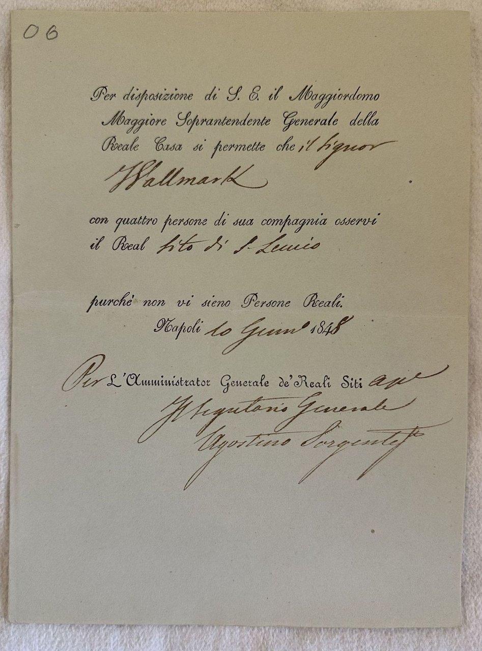 REAL CASINO DI LEUCIO PERMESSO SIG. WALLMARK NAPOLI 10 GENNAIO …