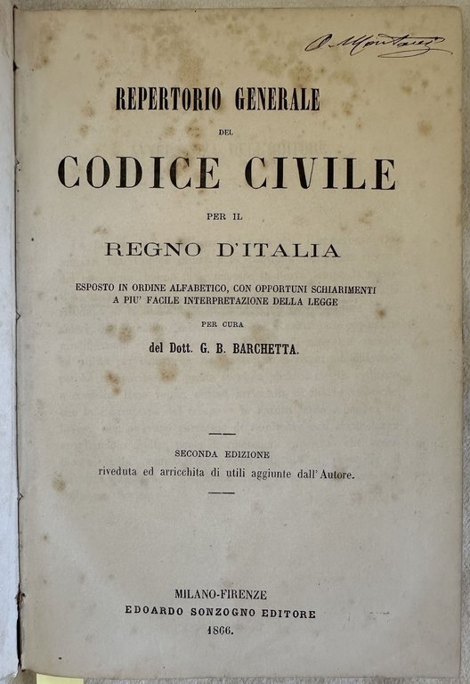 REPERTORIO GENERALE DEL CODICE CIVILE PER IL REGNO D'ITALIA ESPOSTO …