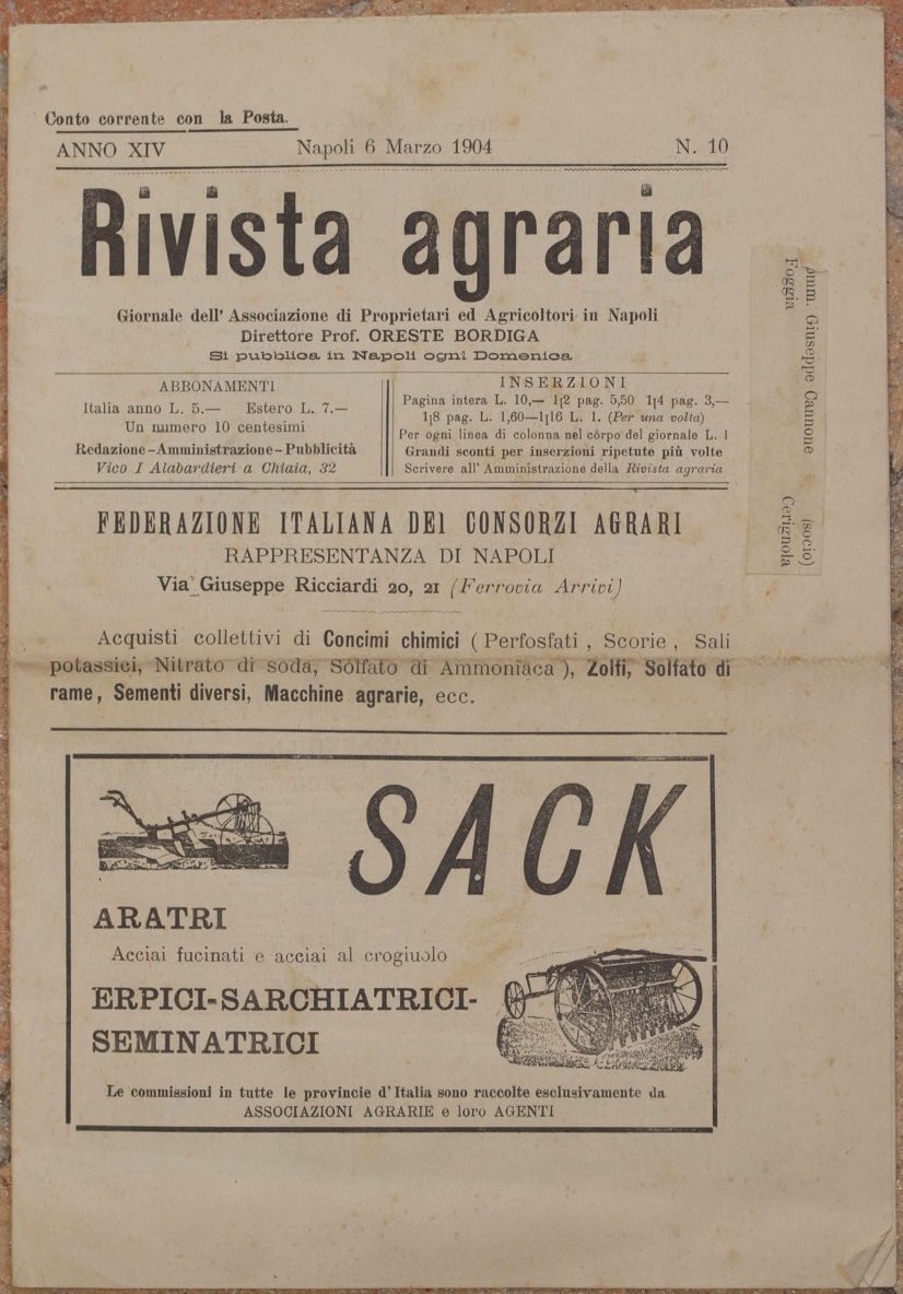 RIVISTA AGRARIA ANNO XIV - NAPOLI 6 MARZO 1904 - …