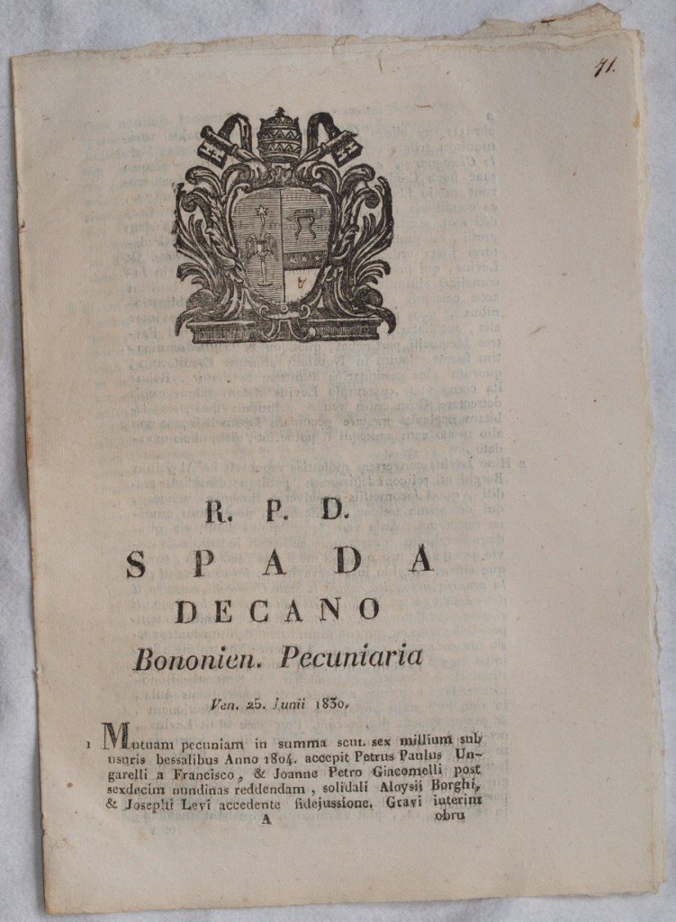 SPADA DECANO BONONIEN. PECUNIARIA VEN. 25 JUNII 1830