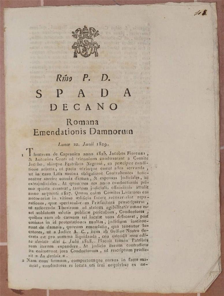 SPADA DECANO ROMANA EMENDATIONIS DAMNORUM LUNOE 22 JUNII 1829